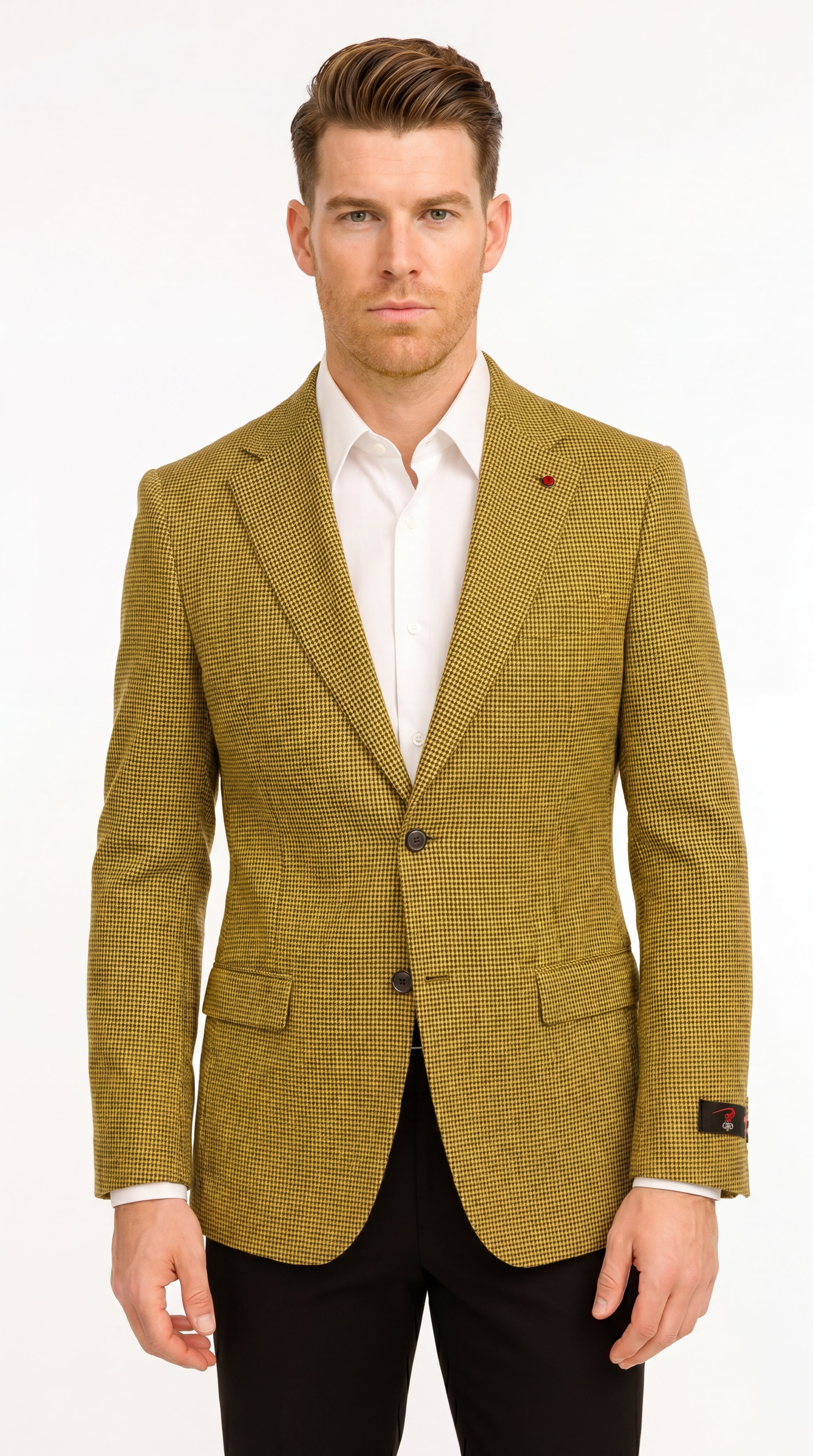 Men’s Mustard Gold Yellow Houndstooth Blazer Jacket, Check Pattern Formal Sport Coat for Weddings, Prom, Business 2 Buttons Modern Fit - 36 Short