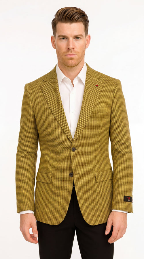 Men’s Mustard Gold Yellow Houndstooth Blazer Jacket, Check Pattern Formal Sport Coat for Weddings, Prom, Business 2 Buttons Modern Fit