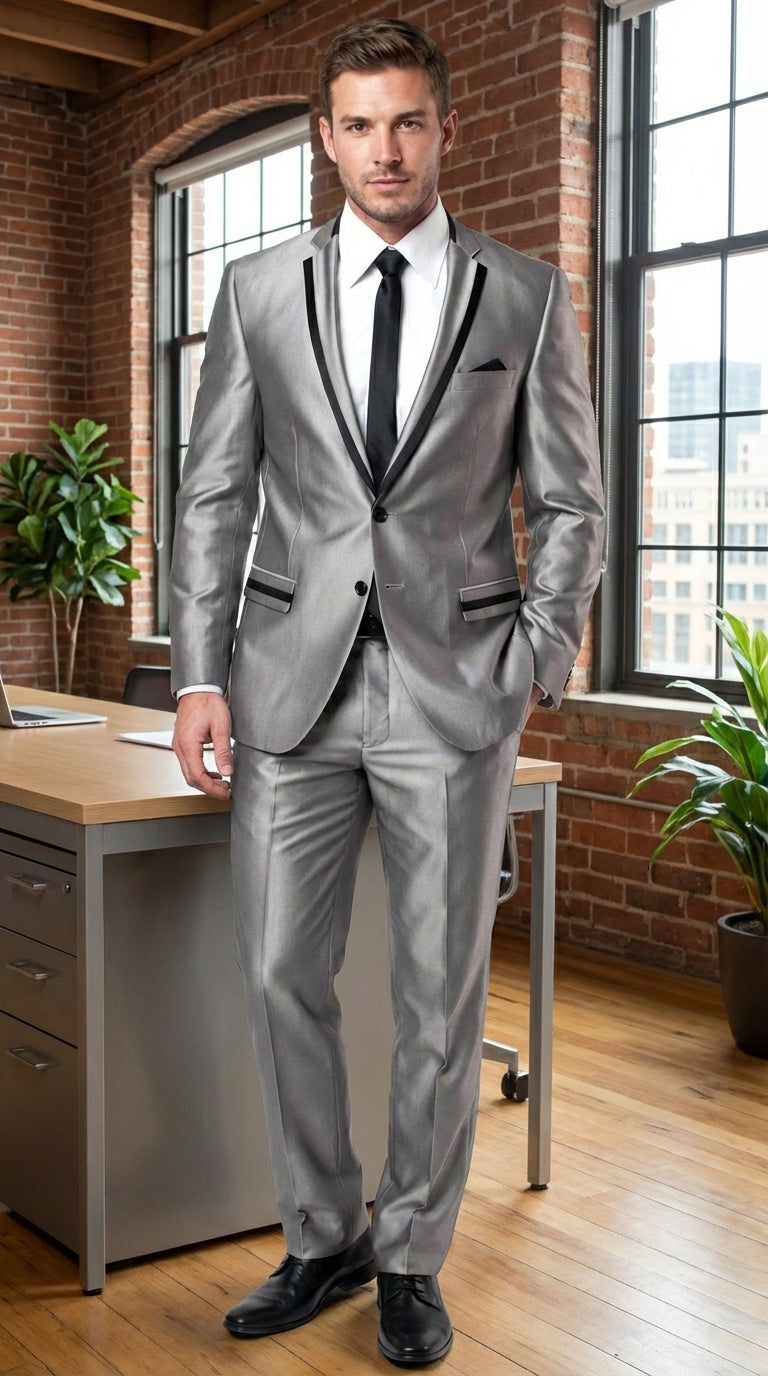 Men’s Silver Sharkskin Tuxedo Suit with Black Piping – Shiny Two Button Formal Suit for Wedding, Prom and Party Wear - 34 Short or Extra Small