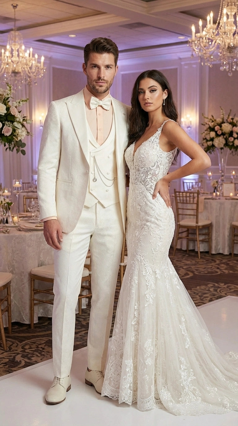 Vinci Men’s Ivory Three Piece Suit – Ivory 3PC Formal Wedding Suit for Groom, Prom and Black Tie Events - 34 Short or Extra Small