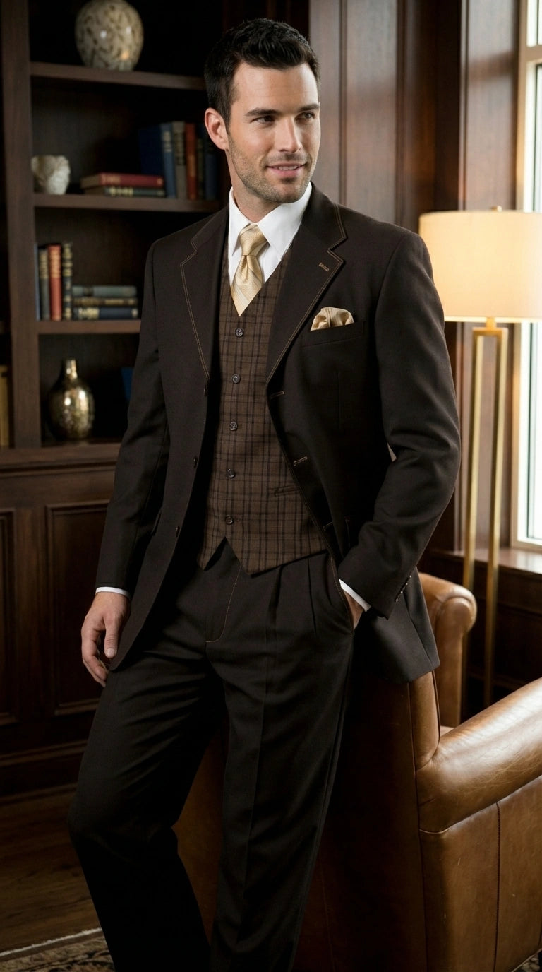 Men’s Dark choclate Brown Three Buttons 3 Piece Suit – Classic Brown 3PC Wedding, Church and Business Formal Suit for Men - 34 Short or Extra Small