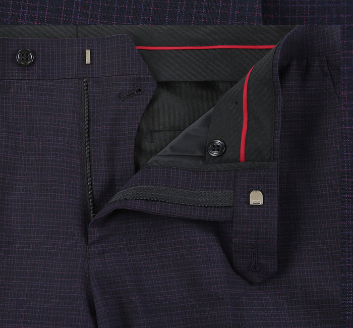 "Men's Slim Fit Two Button Suit - Black & Magenta Mini Check"