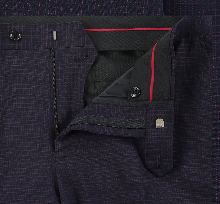 "Men's Slim Fit Two Button Suit - Black & Magenta Mini Check"
