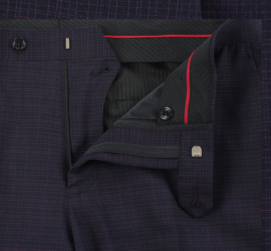 "Men's Slim Fit Two Button Suit - Black & Magenta Mini Check" - 34 Short