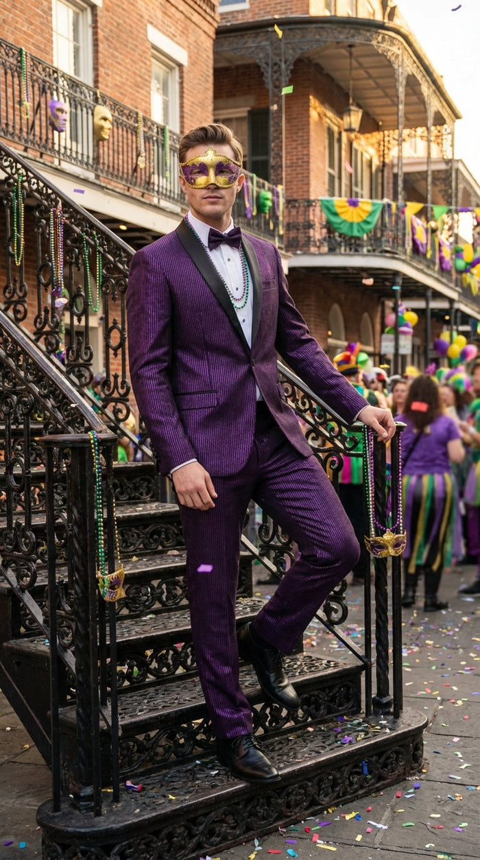 Mens Purple Shimmer Mardi Gras Suit with Black Satin Lapel Shiny Metallic Formal Party and Carnival Suit Sequin Look