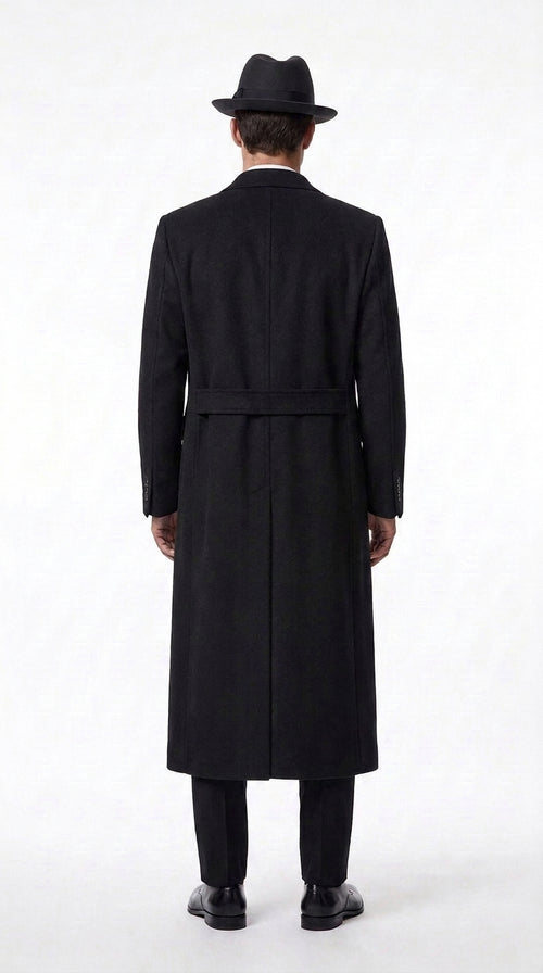 Men’s Godfather Black Double-Breasted Long Overcoat – Vintage Mobster Gangster Coat