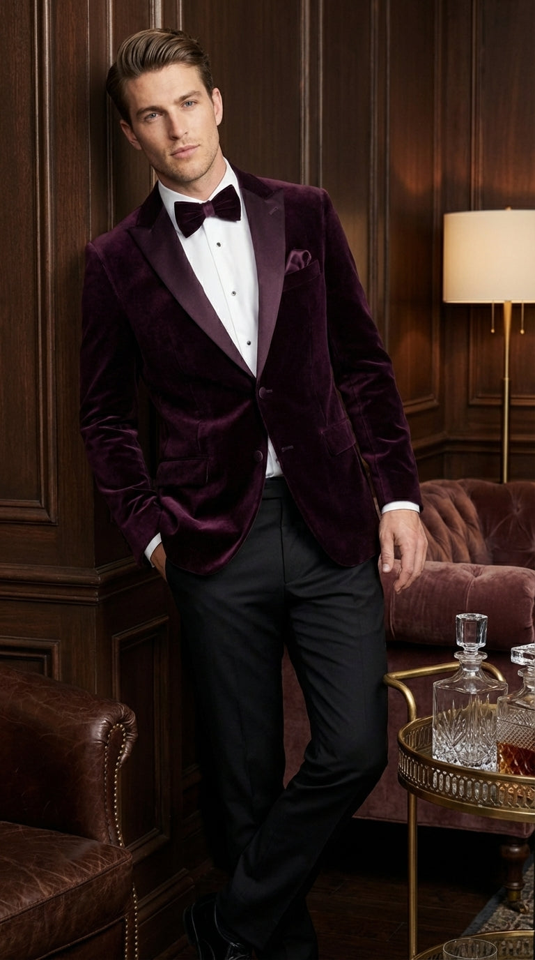 Mens Plum Eggplant Velvet Blazer Jacket – Luxury Velvet Dinner Jacket for Wedding, Tuxedo Events, Formal Parties in Burgundy Color - 36 Short