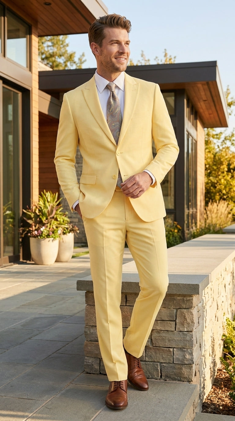 Men’s Pale Yellow 2 Piece Suit, Formal Dress Suit for Weddings, Prom, Parties, Summer Events, and Special Occasions By Vitali - 34 Short or Extra Small