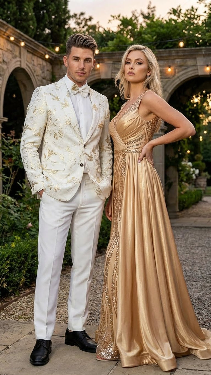 Mens White and Gold Patterned Blazer Paisley Floral Pattern Prom Wedding Suit Tuxedo Dinner Jacket + Bowtie