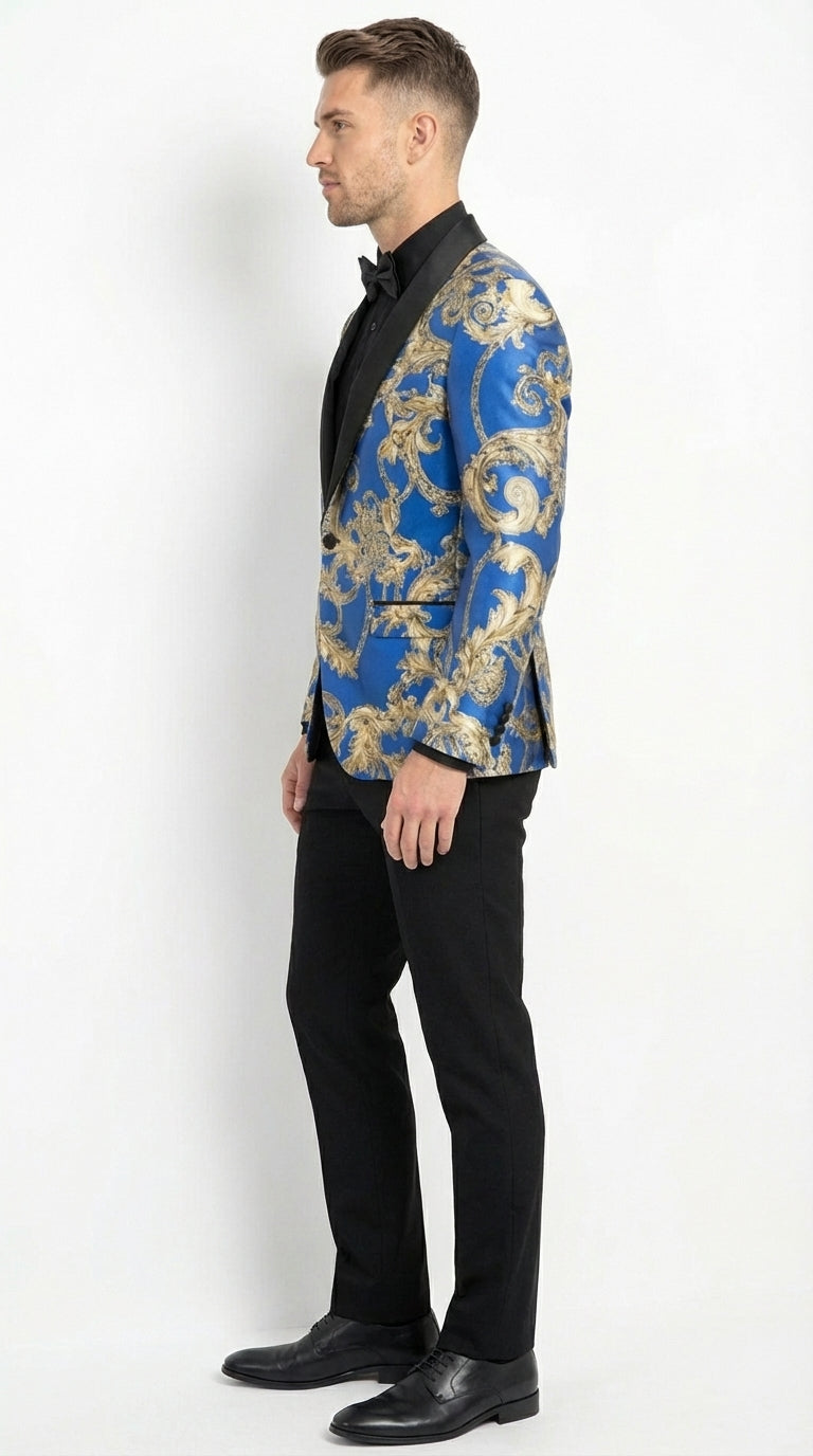Men’s Royal Blue and Gold Blazer Jacket – Luxury Floral Pattern Tuxedo Blazer, Formal Party Wedding Dinner Jacket, Stylish Evening Wear - 36 Short