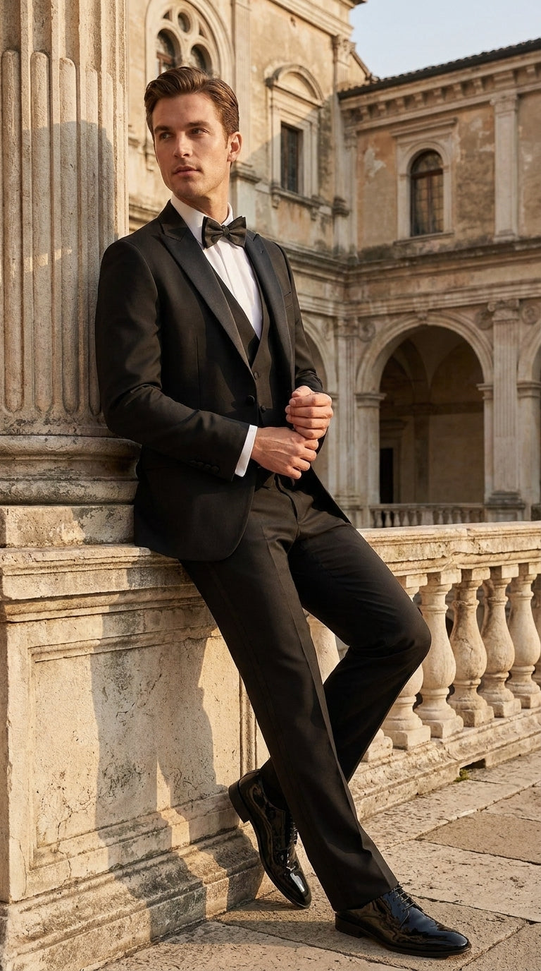 Men’s Black Boot Cut 3-Piece Tuxedo Suit – Peak Lapel Wedding, Prom and Formal Suit 1970s Style - 34 Short or Extra Small