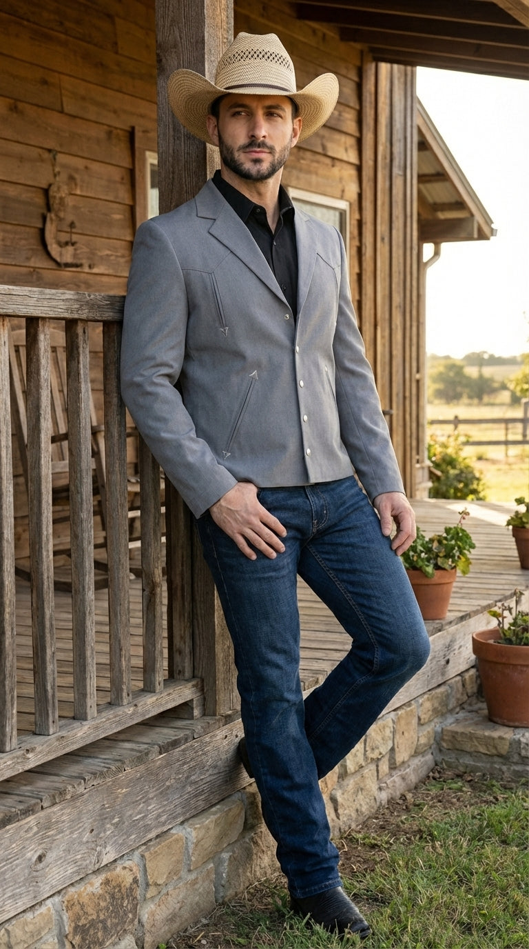 Mens Gray Western Blazer Set – Cowboy Style Jacket and Pants Outfit Classic Country Western Suit - 36 Short