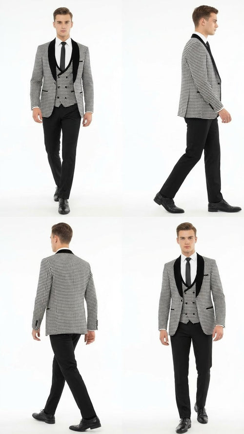 Mens Black and White Houndstooth Tuxedo Set with Velvet Shawl Lapel | 3-Piece Formal Suit with Double-Breasted Vest