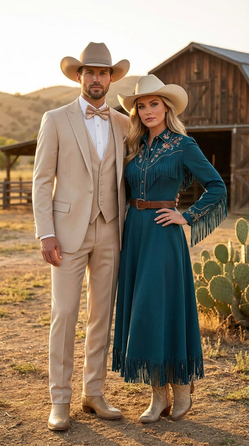 Mens Beige Tan Khaki CowboyTuxedo Suit Western Formal Three Piece Suit with Jacket Vest and Pants