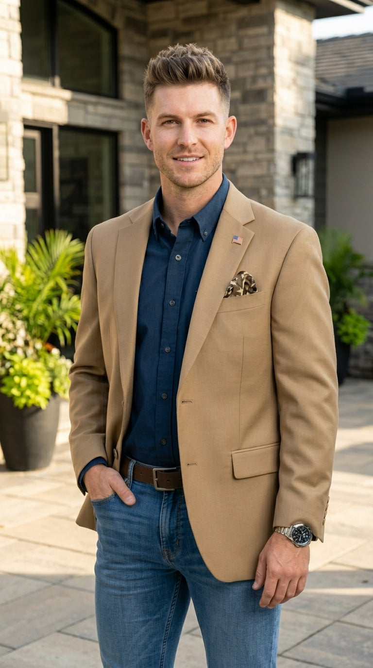 Mens Khaki Camel Bronze Taupe Blazer, Classic Business Casual Wedding Sport Coat Jacket in Tan Color - 36 Short
