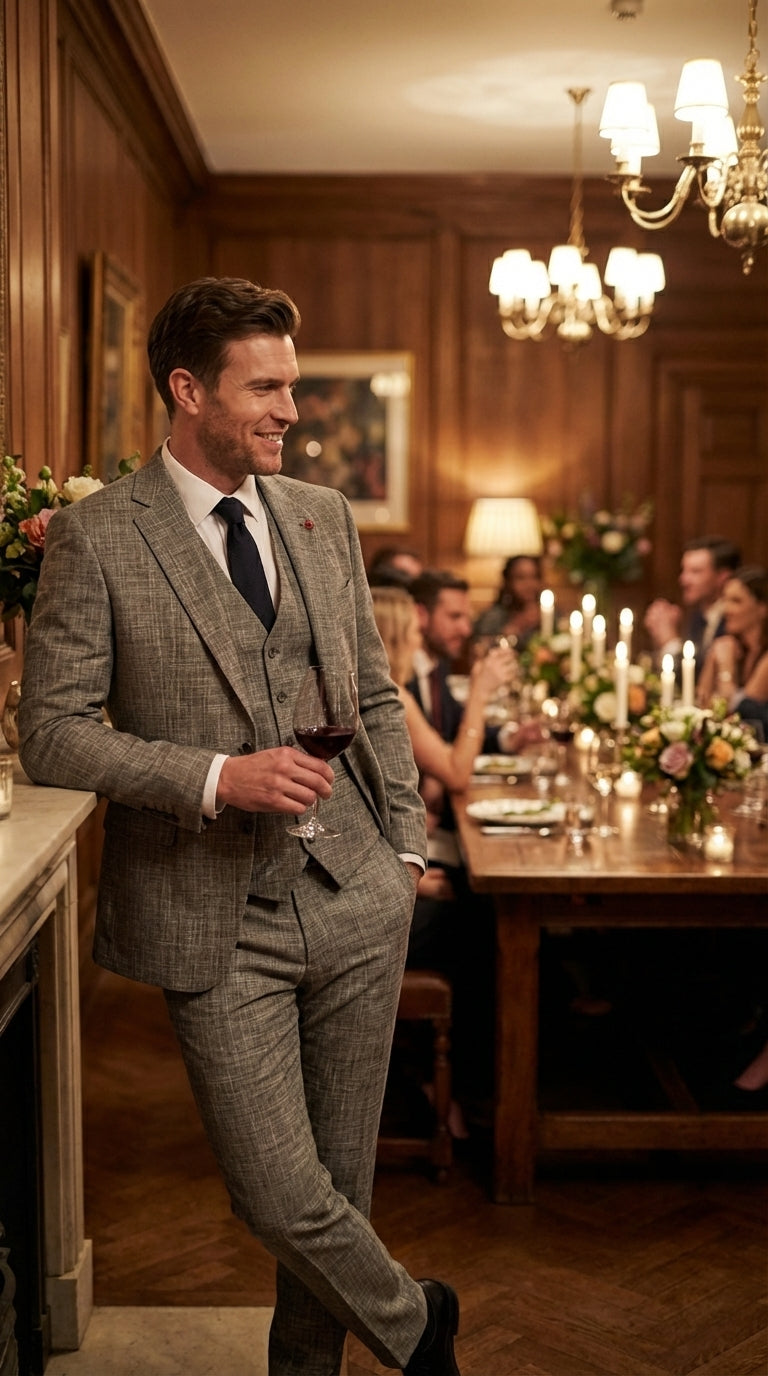 Vitali Brand Men’s Grey Textured Patterned 3 Piece Suit – Modern Fit Checkered Sharkskin with Blazer, Vest & Trousers, Business Wedding - 34 Short or Extra Small