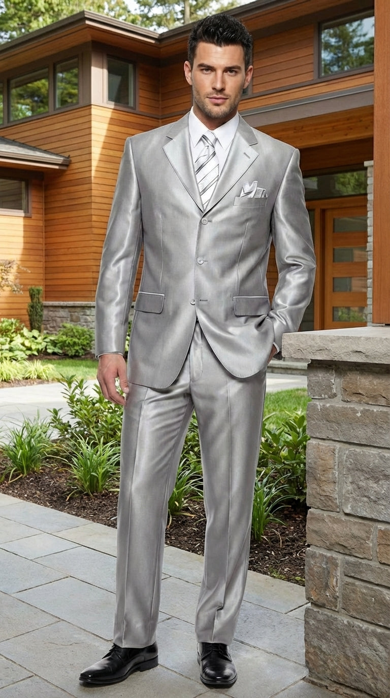 Men’s Silver Grey Sharkskin Suit – 3 Button Classic Fit Shiny Formal Suit for Wedding, Business and Party Wear - 34 Short or Extra Small