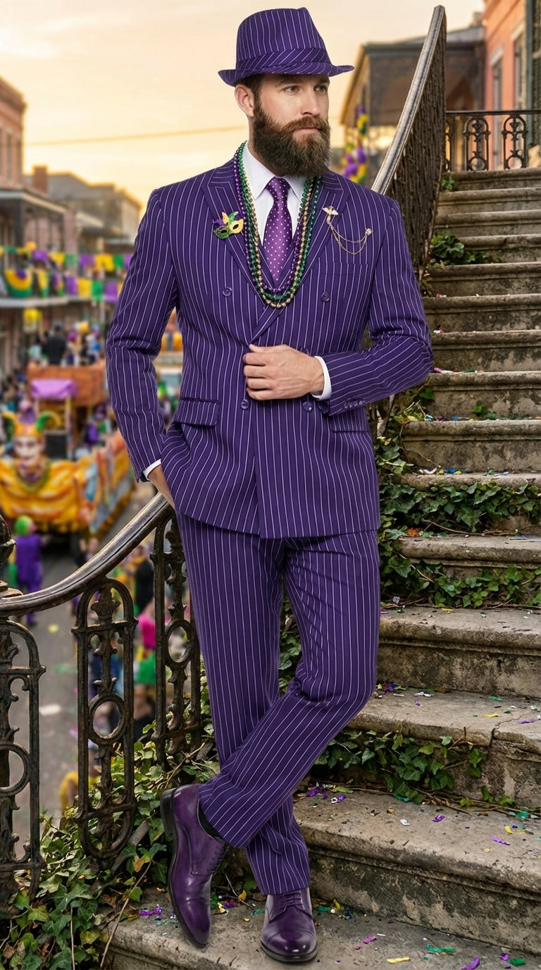 Mens Purple Pinstripe Mardi Gras Suit | Classic Double Breasted Formal Carnival Suit