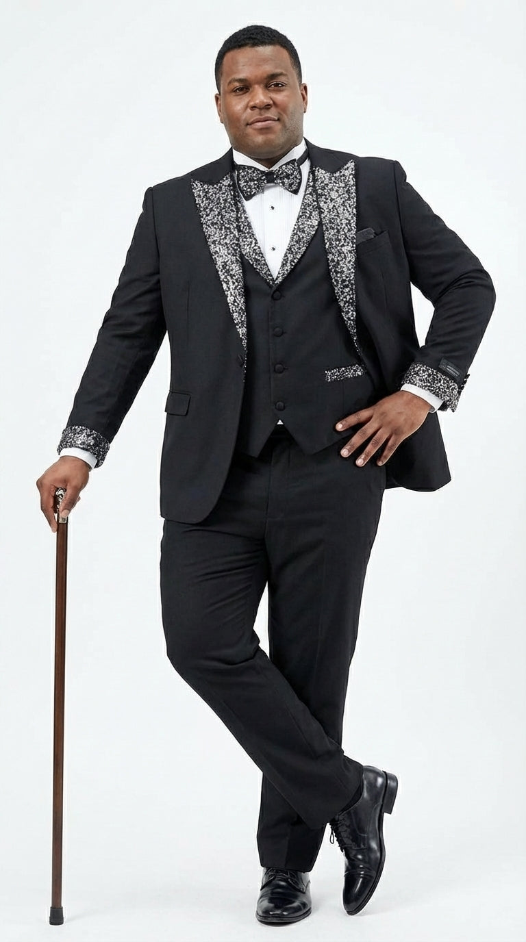 Mens Black and White Lapel Tuxedo Suit – Black Formal Tuxedo with White Pattern Lapel for Wedding, Prom and Evening Events - 34 Short or Extra Small