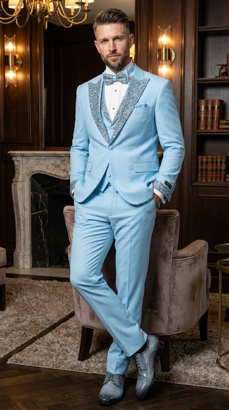 Mens Light Blue 3 Piece Prom Tuxedo – Sky Blue Formal Suit with Sequin Lapel Wedding Party Tuxedo Set in Baby Blue - 34 Short or Extra Small