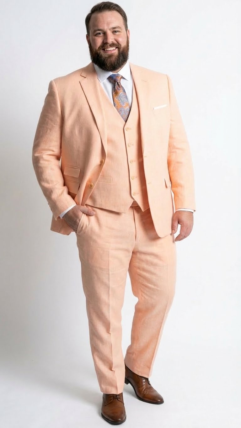 Men’s Light Peach 3 Piece Suit Set with Vest, Prom Wedding Dress Suit - 38 Short Jacket+32 Waist Adjustable 28to34)(Height: 5 4 to5 7 )(Neck  15-16.5)S-M)