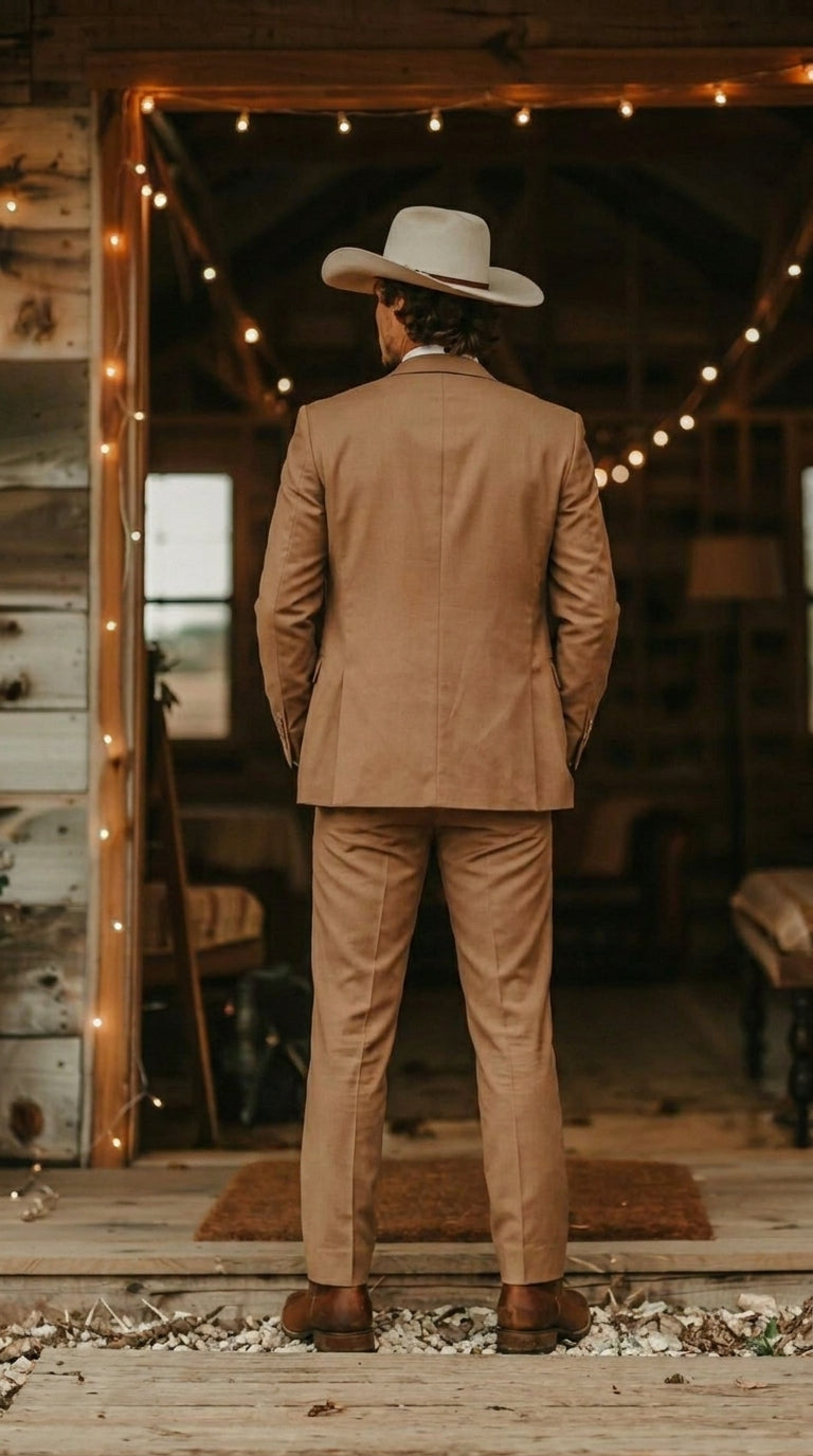 Mens Camel Brown Copper Western 3 Piece Suit – Classic Country Style Blazer Vest Pants Set, Formal Cowboy Suit Outfit - 34 Short or Extra Small