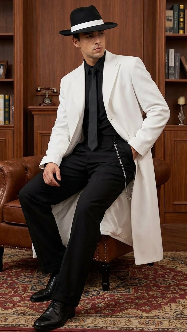 Men’s White Long Zoot Style Suit  | Vintage Gangster Mafia Formal Coat with Black Pants - 34 Short or Extra Small