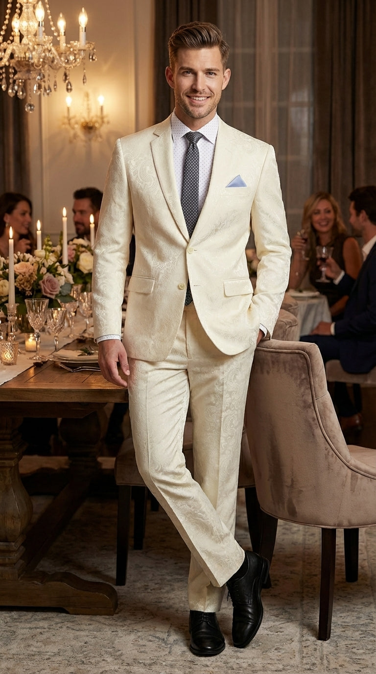 Men’s Ivory Paisley Shiny Suit – Flroal Formal Wedding and Prom Suit for Party, in Cream Off White - 34 Short or Extra Small