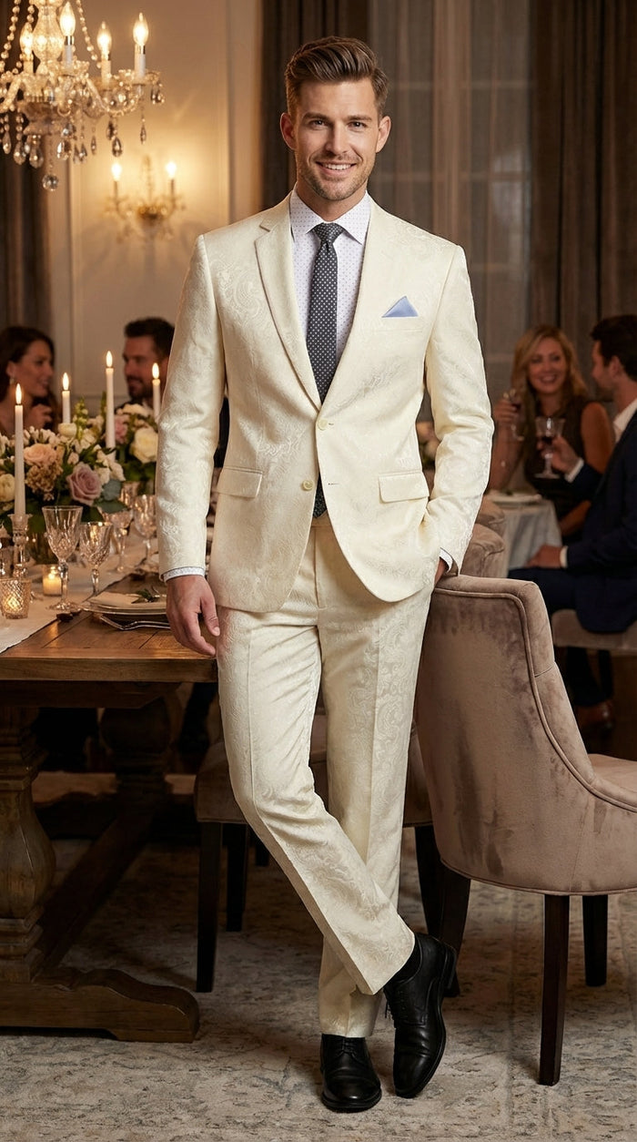 Men’s Ivory Paisley Shiny Suit – Flroal Formal Wedding and Prom Suit for Party, in Cream Off White