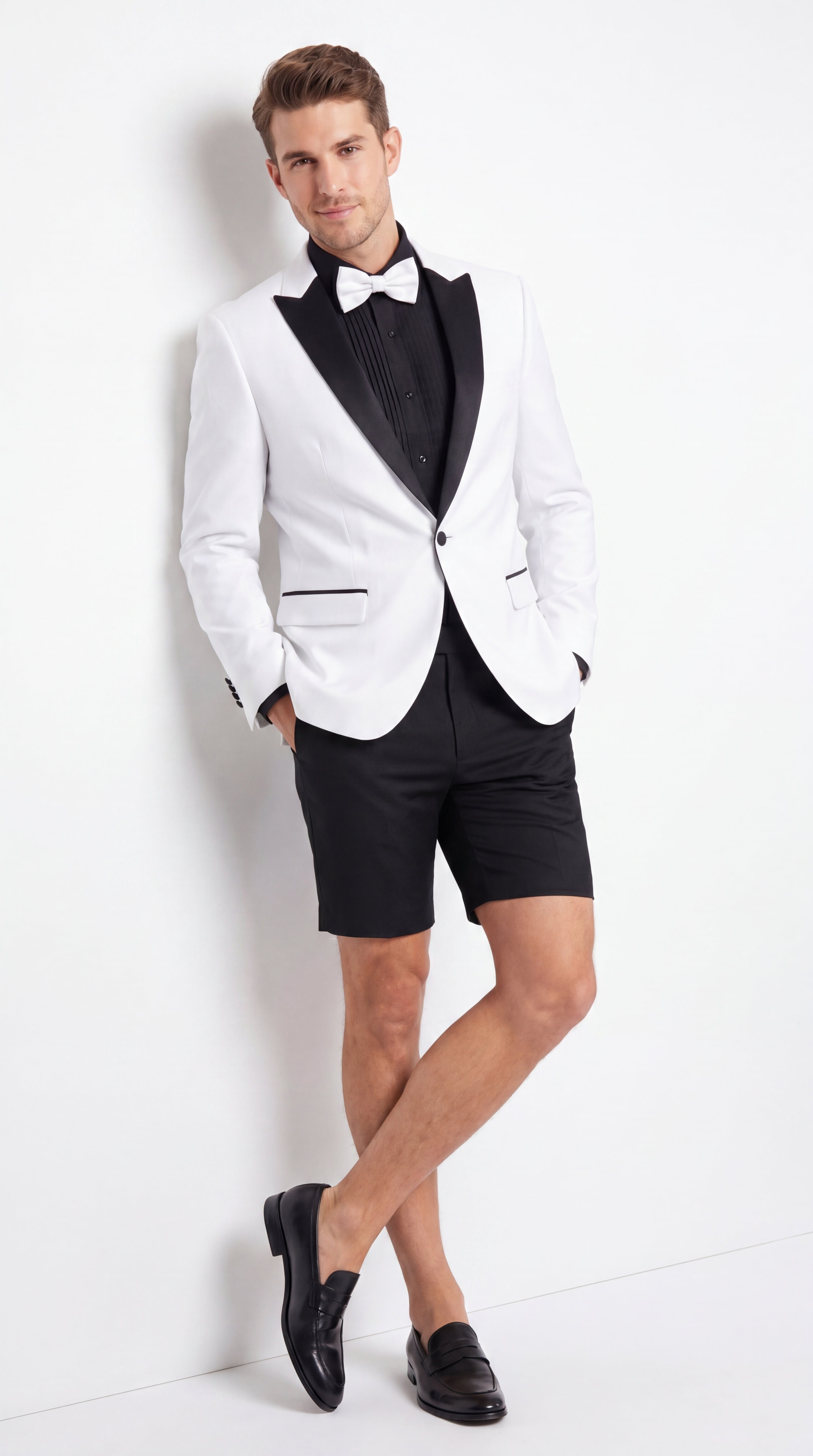 Men’s White and Black Tuxedo Suit with Shorts – Modern Formal Blazer and Short Pants Set for Wedding, Prom Suit - 34 Short or Extra Small