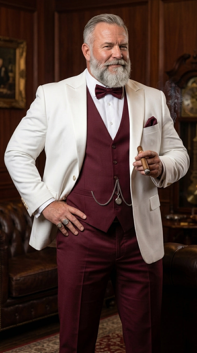 Men’s White and Burgundy 3 Piece Tuxedo Suit, Vested Formal Wedding Prom Dinner Suit Set bowtie included - 34 Short or Extra Small