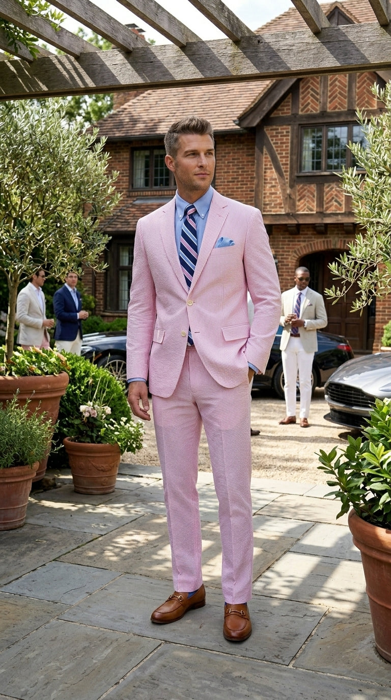 Men’s Pink Seersucker 2 Piece Suit, Lightweight Summer Dress Suit for Weddings, Prom, Parties, and Special Occasions - 34 Short or Extra Small