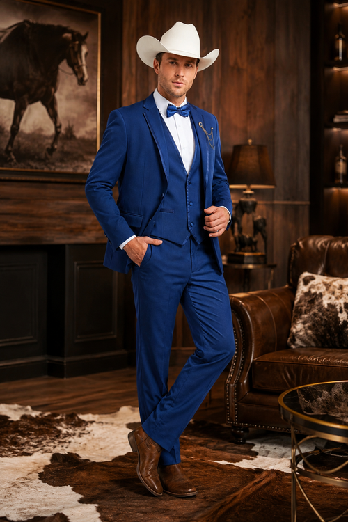 Men’s Blue Western Tuxedo Suit, 3 Piece Cowboy Formal Wedding Prom Suit with Satin Trim