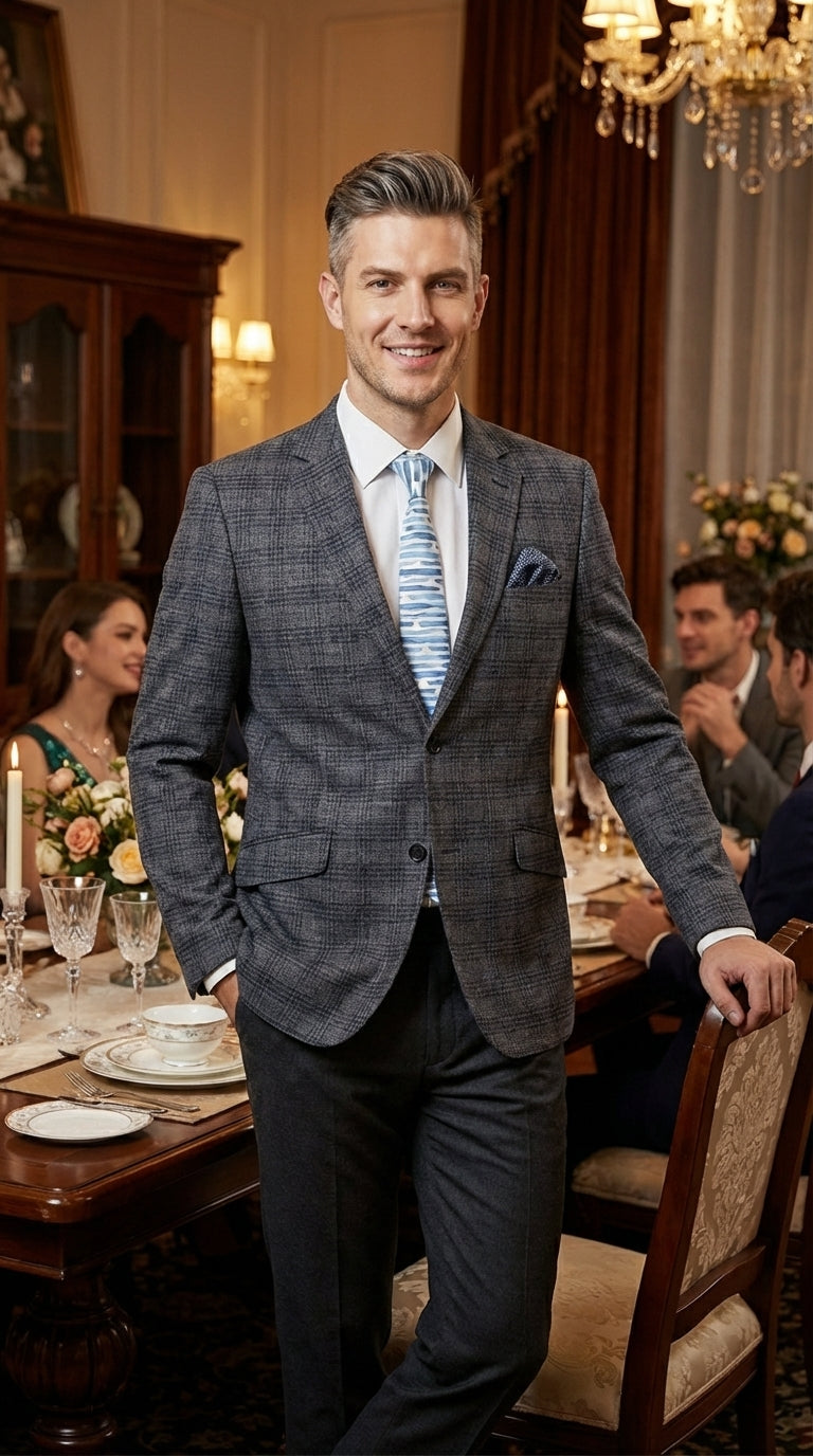 Mens Charcoal Gray with Blue Plaid Pattern Blazer Jacket – Classic Check Pattern Sport Coat for Business, Office, and Smart Casual Wear - 36 Short