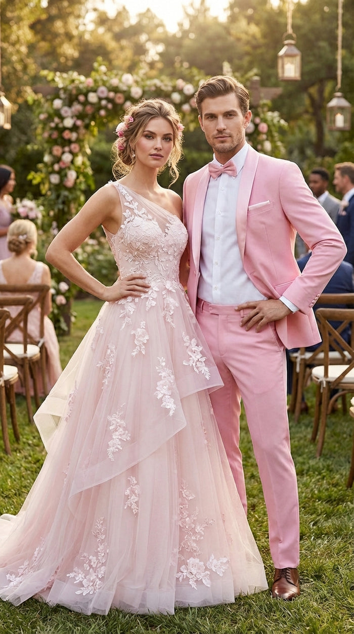 Mens Dusty Rose Pink Summer Tuxedo – Satin Shawl Lapel Formal Wedding Prom Suit