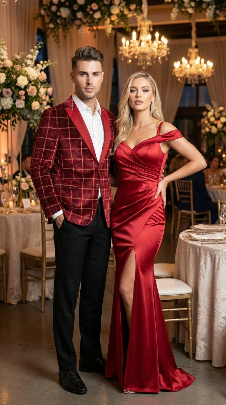 Mens Red Burgundy Plaid Blazer with Contrast Lapel – Velvet Fabric Check Prom Blazer Jacket for Party, Christmas New Year Holiday Jacket - 36 Short