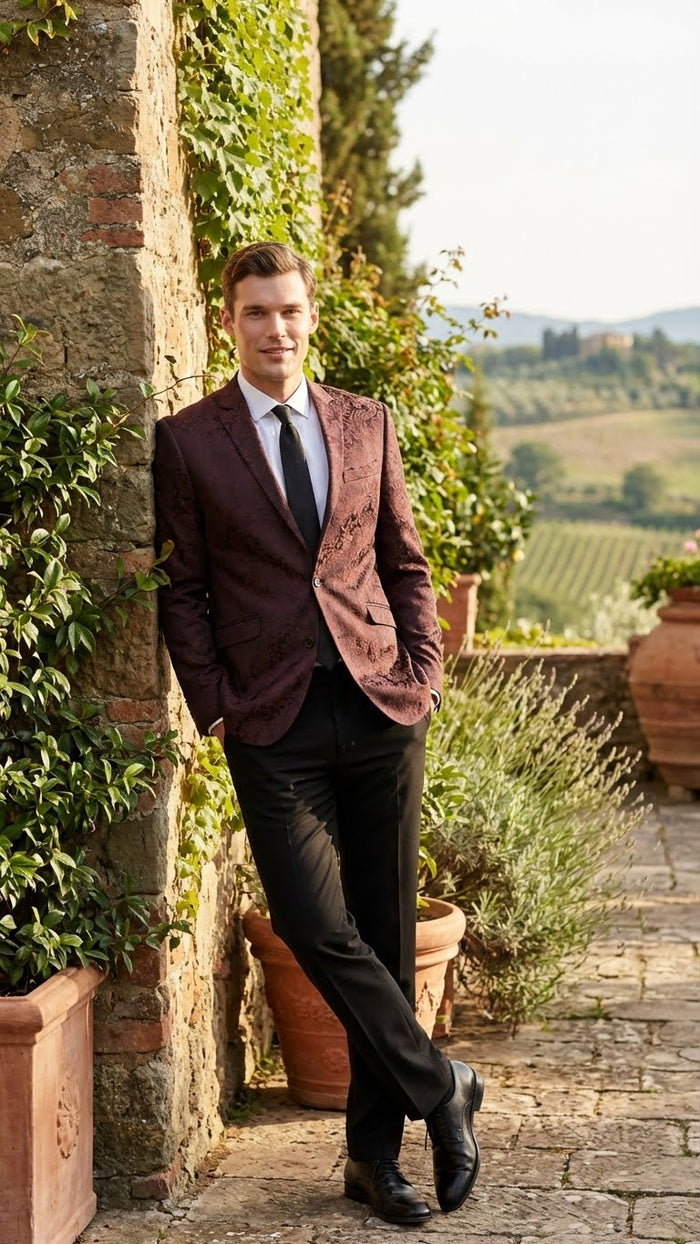 Mens Burgundy Paisley Blazer Sport Coat Velvet Dinner Jacket floral in Maroon Wine Color Ultra Slim Fit Smoking Jacket