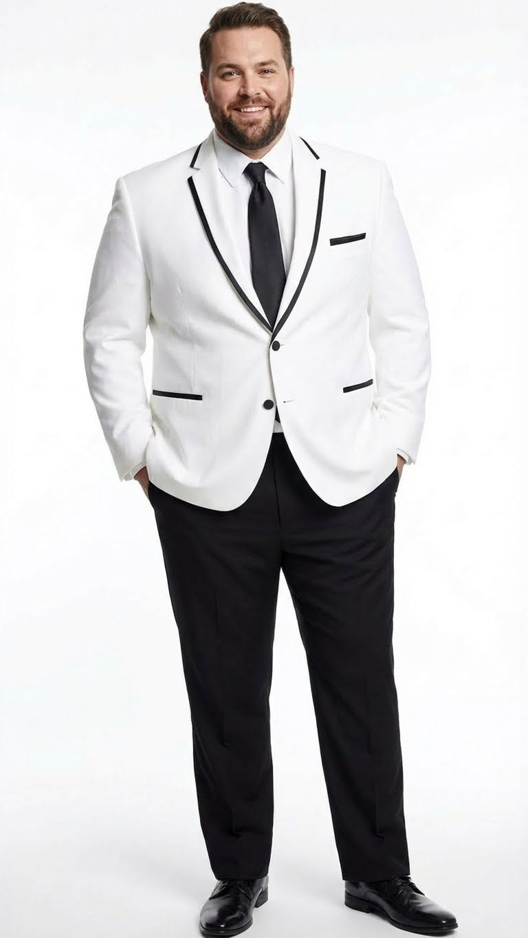 Men’s White Blazer with Black Trim | Wedding and Party Formal Blazer Jacket - White Tuxedo Prom Jacket - 36 Short