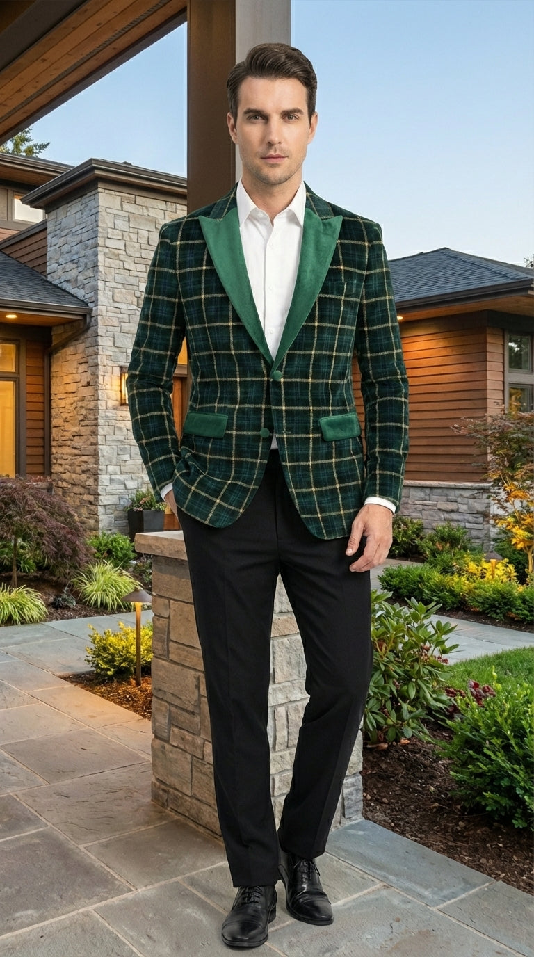 Mens Tartan Green and Gold Check Blazer – Windowpane Plaid Sport Coat Velvet Lapel Plaid Christmas Holiday New Year Jacket - 36 Short
