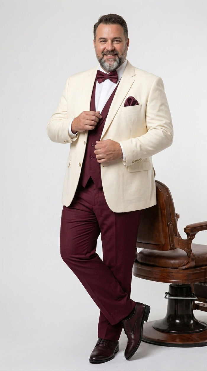 Men’s Cream Ivory and Burgundy 3 Piece Tuxedo Suit, Vested Formal Wedding Prom Dinner Suit in Cream Off White Color