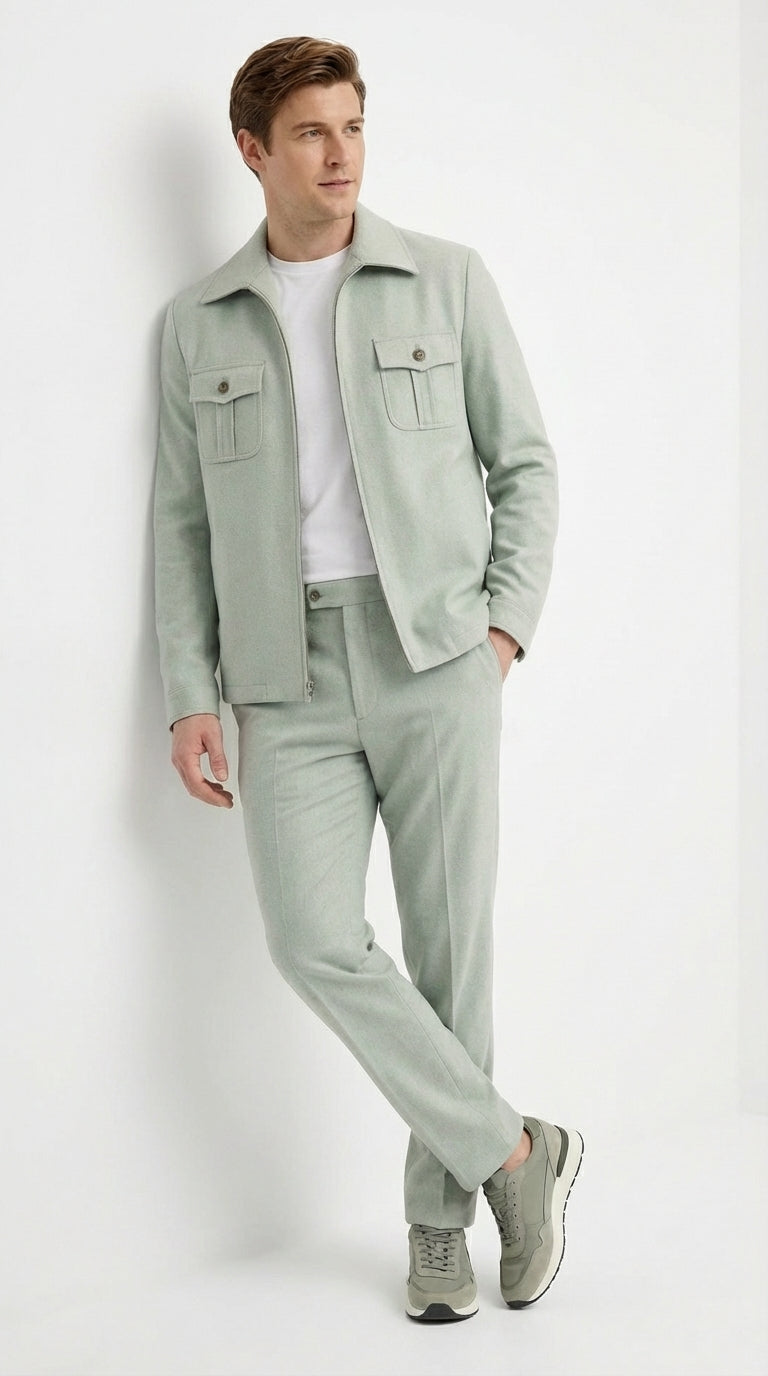 Mens Sage Green Walking Suit Set – Casual Safari Military Jacket and Pants Outfit for Travel - 34 Short or Extra Small