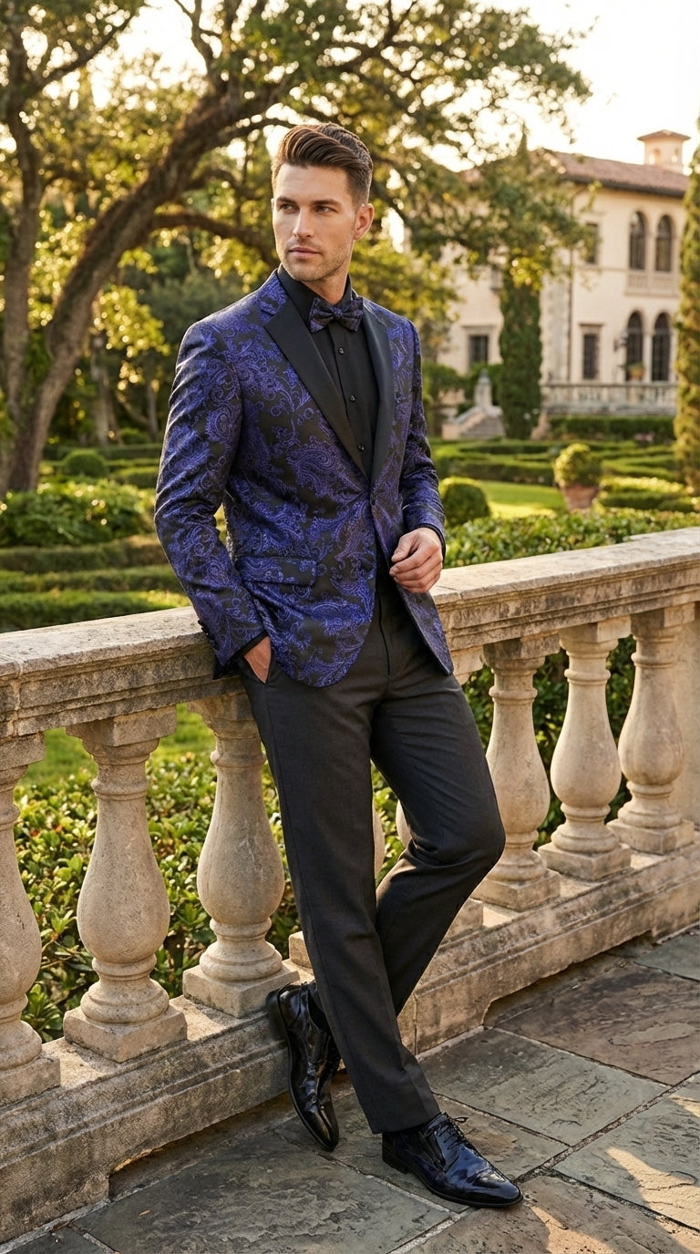 Mens Royal Blue Paisley Jacquard Blazer – Luxury Pattern Tuxedo Dinner Jacket with Black Satin Lapel for Wedding, Prom With Bowtie - 36 Short