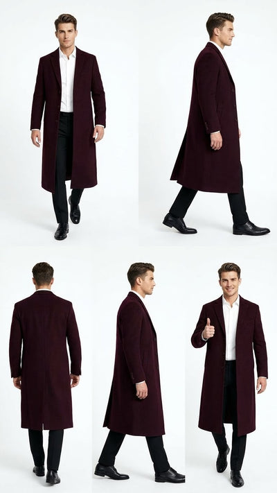 Mens Burgundy Long Coat Classic Fit Wool Blend Overcoat - Topcoat Full length