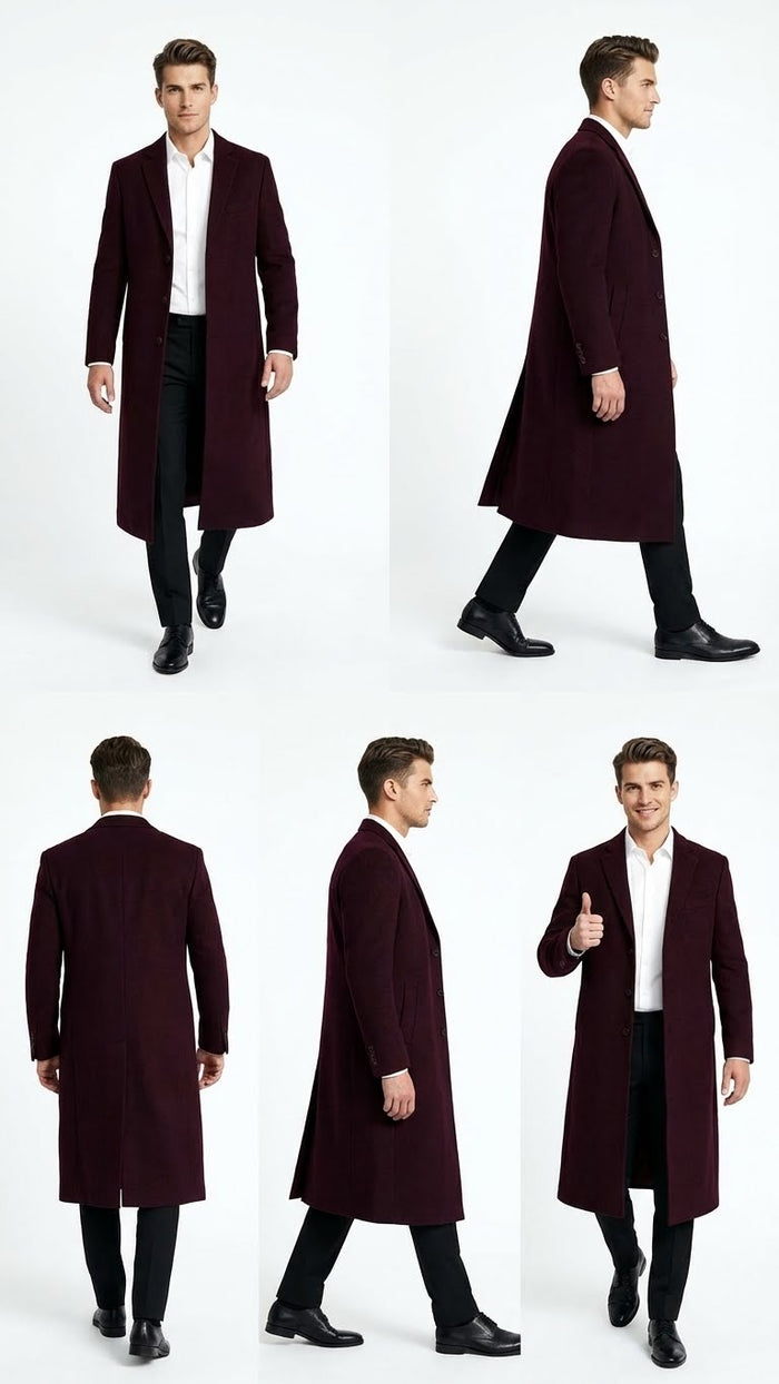 Mens Burgundy Long Coat Classic Fit Wool Blend Overcoat - Topcoat Full length