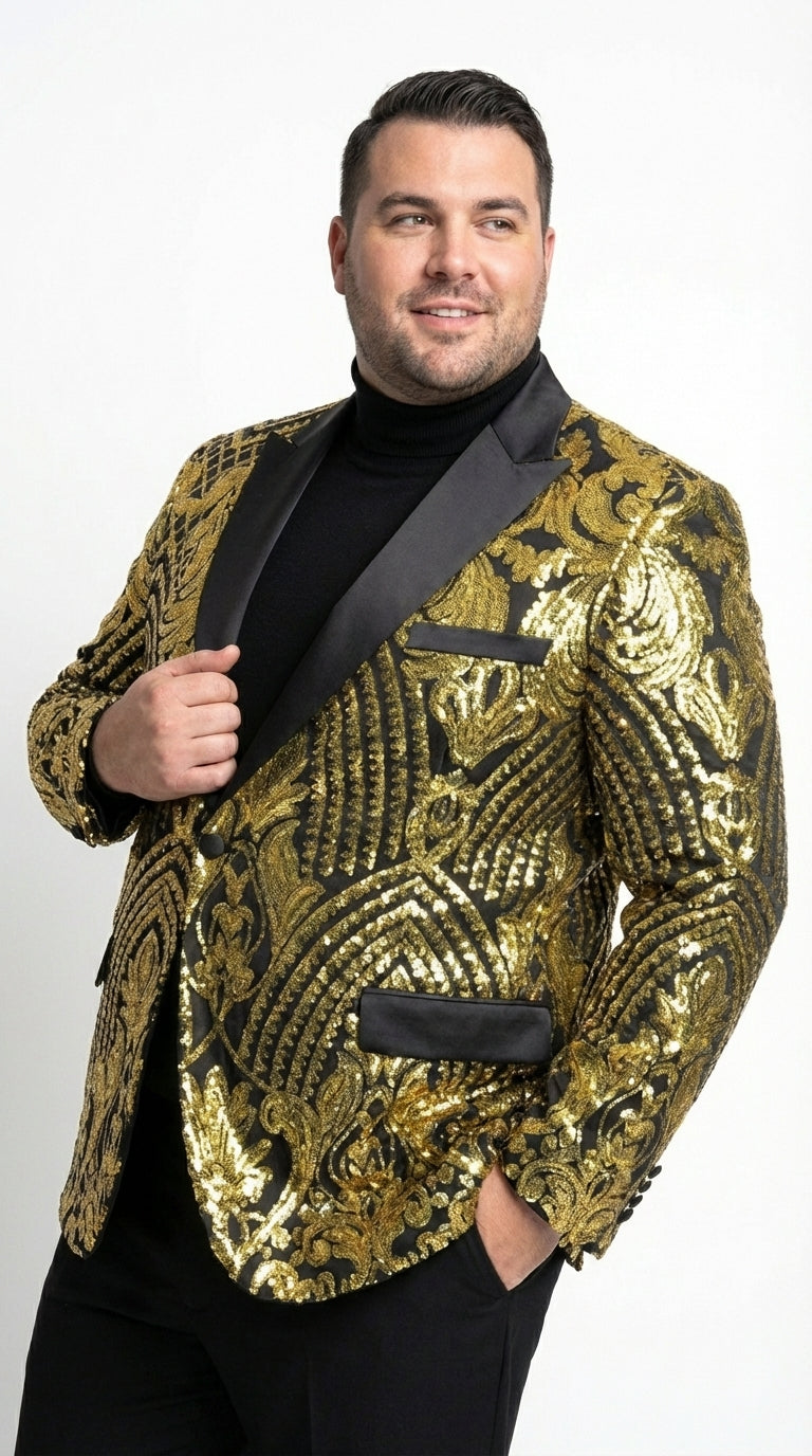 Mens Black and Gold Pattern Blazer – Gold Floral Luxury Formal Blazer Jacket for Prom, Wedding and Party Slim Fitted - S