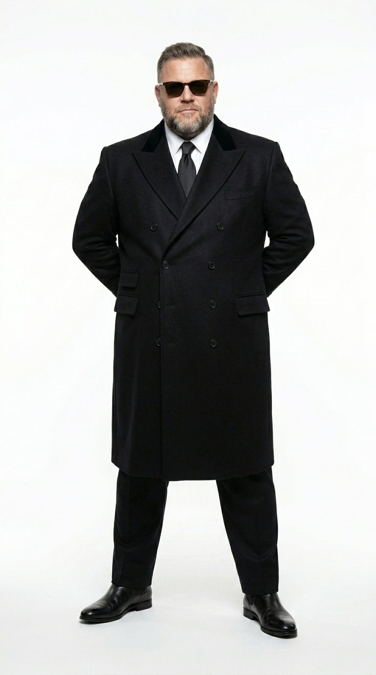 Men’s Black Double Breasted Overcoat, James Bond Inspired Long Formal Coat for Weddings, Business Events, Parties, and Winter Occasions - Coat Size 38