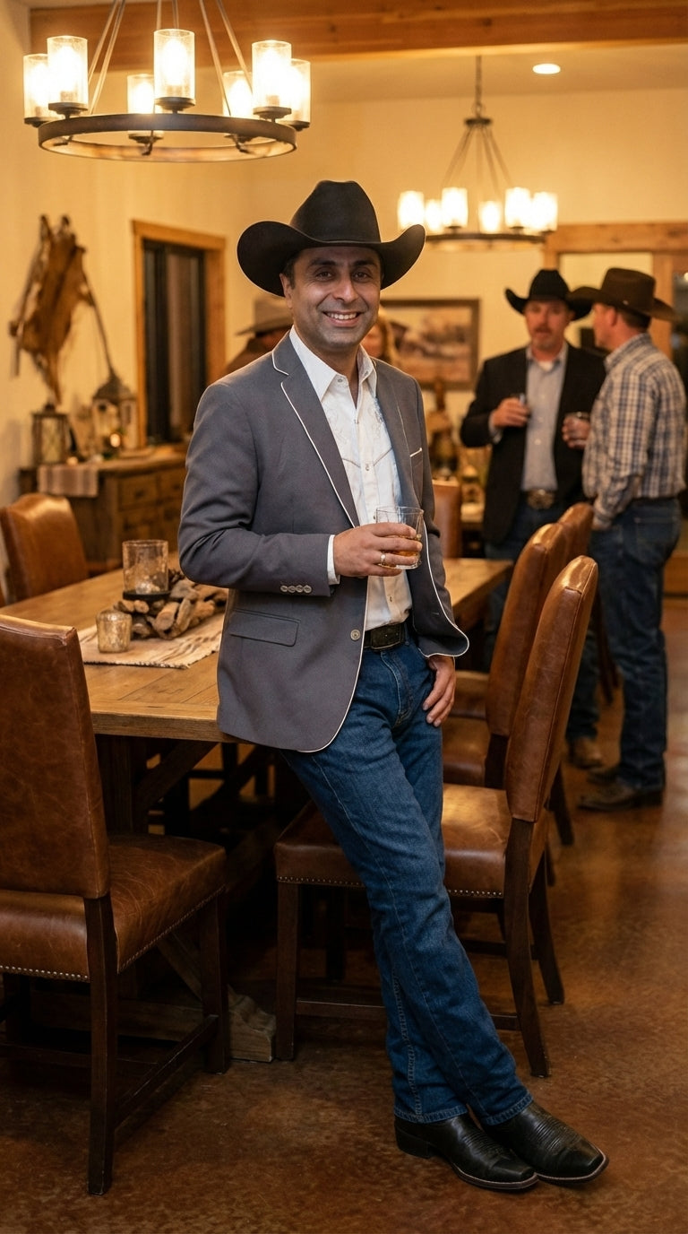 Mens Grey and White Trim Western Blazer – Classic Fit Cowboy Style Contrast Trim Dress Jacket - 34 Short