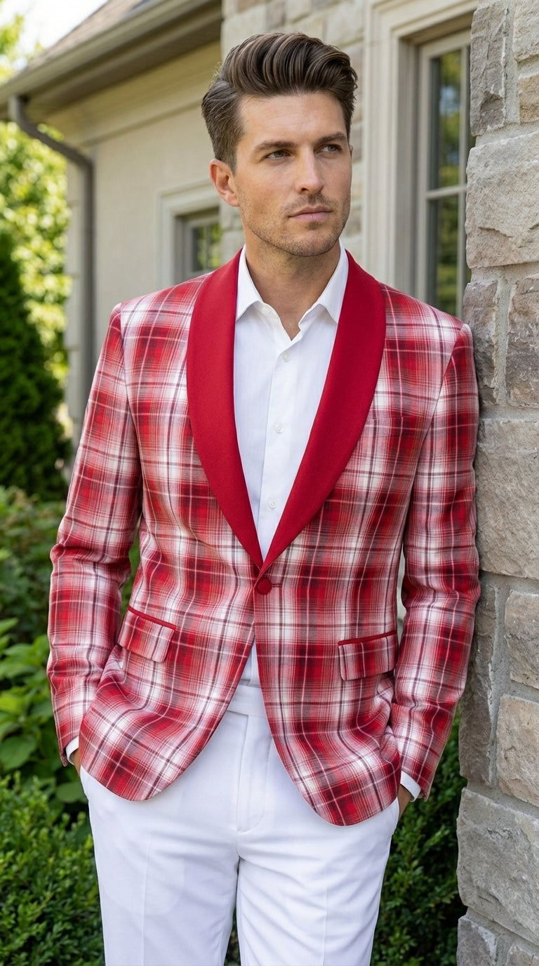 Mens Tartan Red and White Plaid Blazer – Check Pattern Sport Coat Red Shawl Lapel Party Christmas Holiday New Year - 36 Short