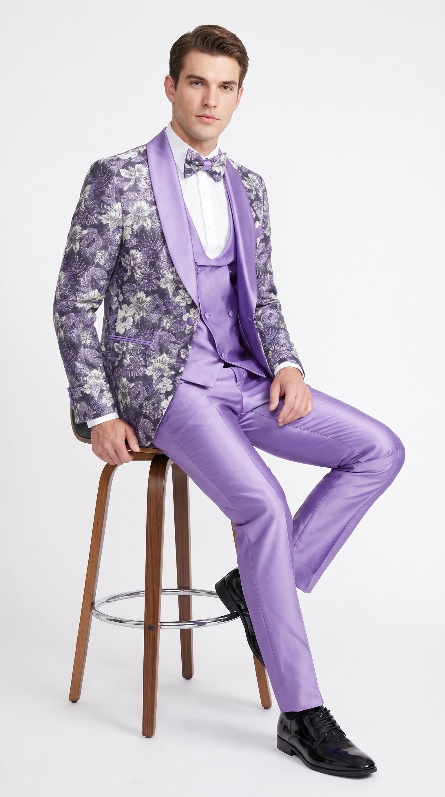 Men’s Lilac Lavender Prom Suit – Floral Shawl Lapel 3 Piece Tuxedo with Matching Vest and Pants - 34 Short or Extra Small