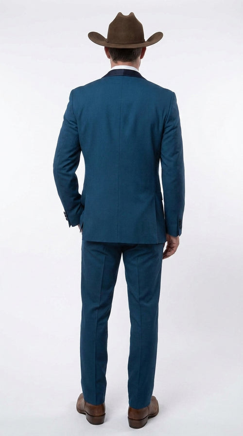 Men’s Teal Blue Western Tuxedo Suit, 3 Piece Cowboy Formal Wedding Prom Suit with Black Shawl Lapel Saphire